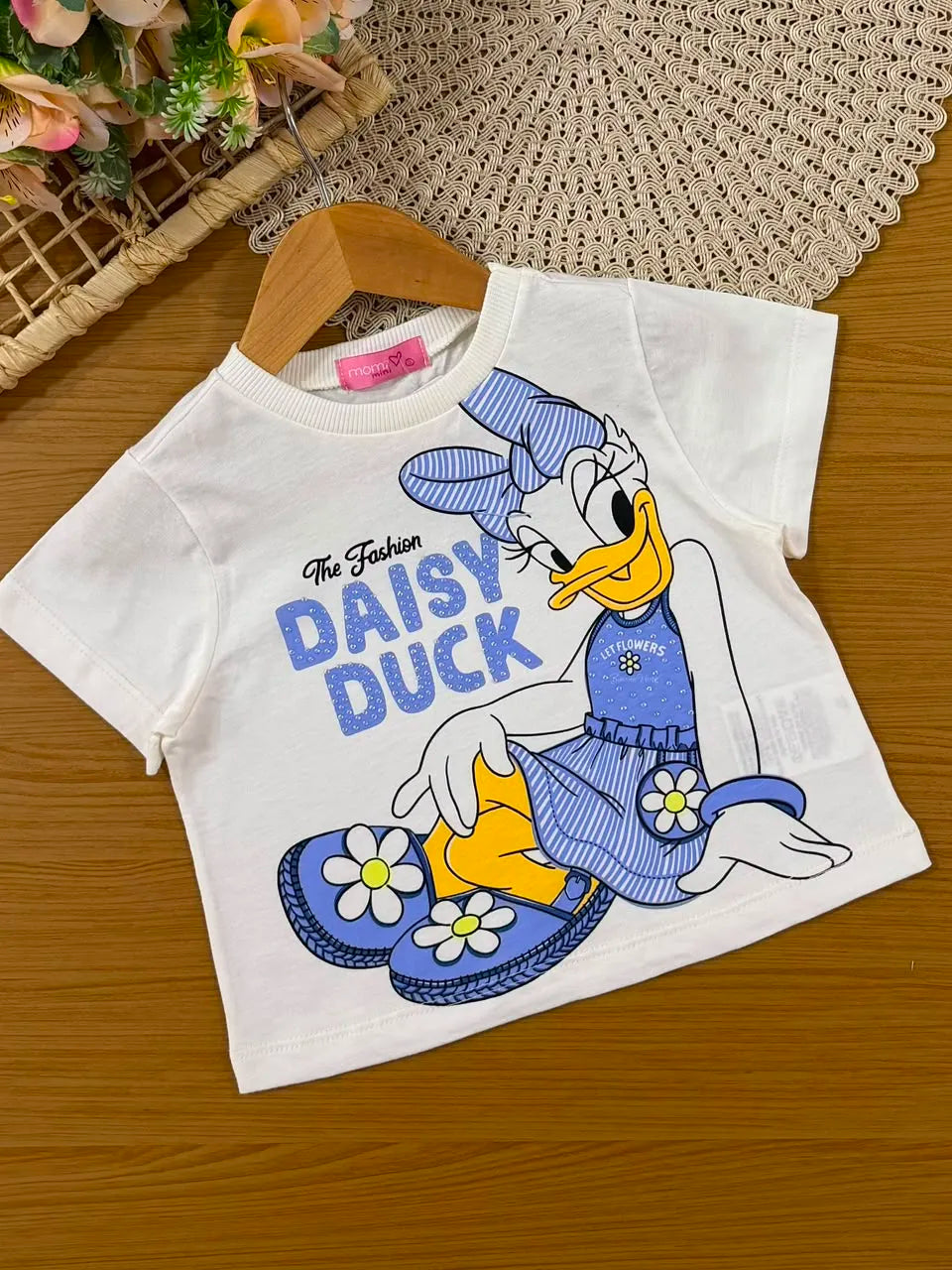 Conjunto Infantil Menina Momi com Shorts Azul e Blusa Branca Daisy Duck Strass Disney