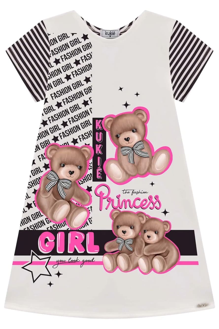 Vestido Infantil Kukie Verão Branco e Preto Ursinhos