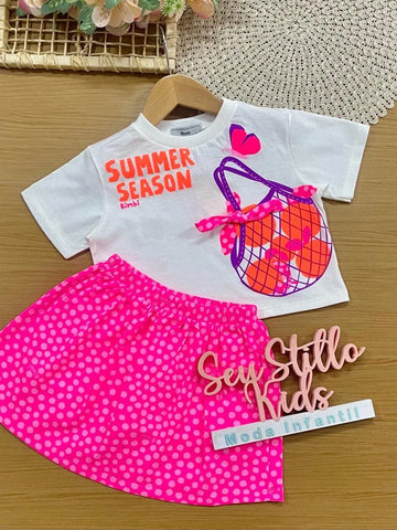 Conjunto Infantil Menina Bimbi com Saia Rosa e Blusa Branca Cestinha