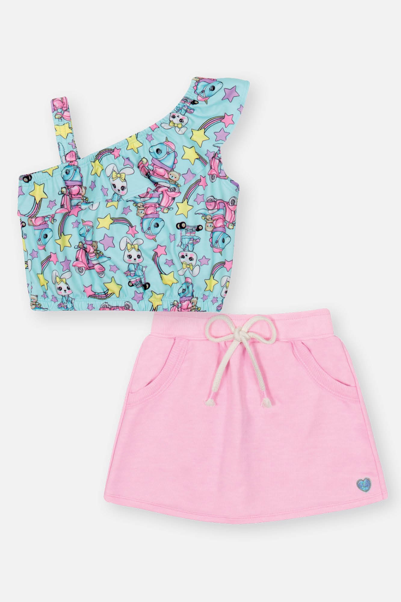 Conjunto Infantil Cinti Shorts Saia e Cropped Azul Coelhinha