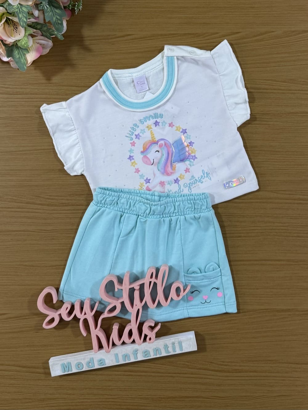 Conjunto Infantil Cinti Verão Shorts Saia Azul e Blusa Unicórnio