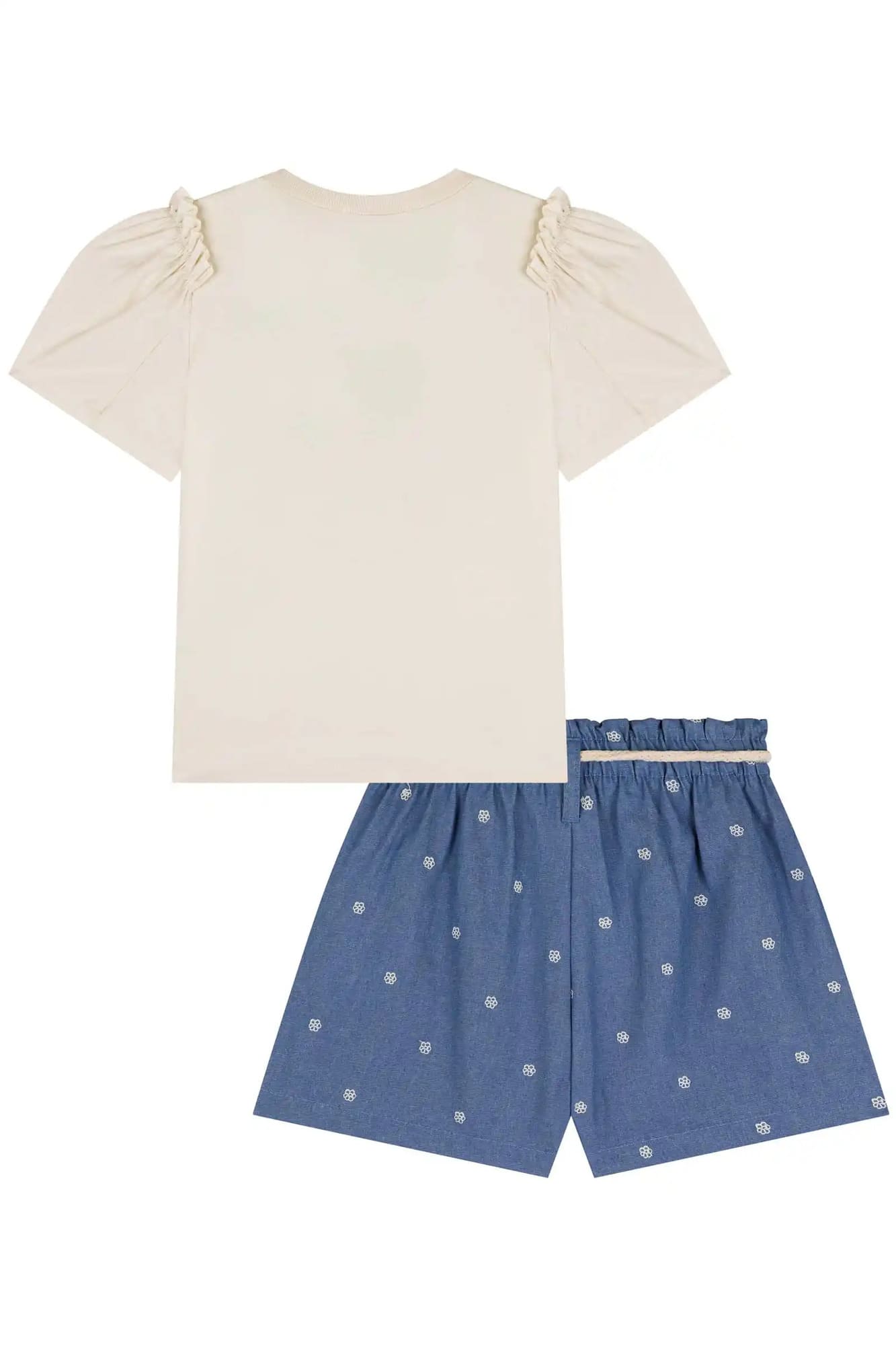 Conjunto Infantil Kukiê Verão com Shorts Jeans e Blusa Bege Ursinha