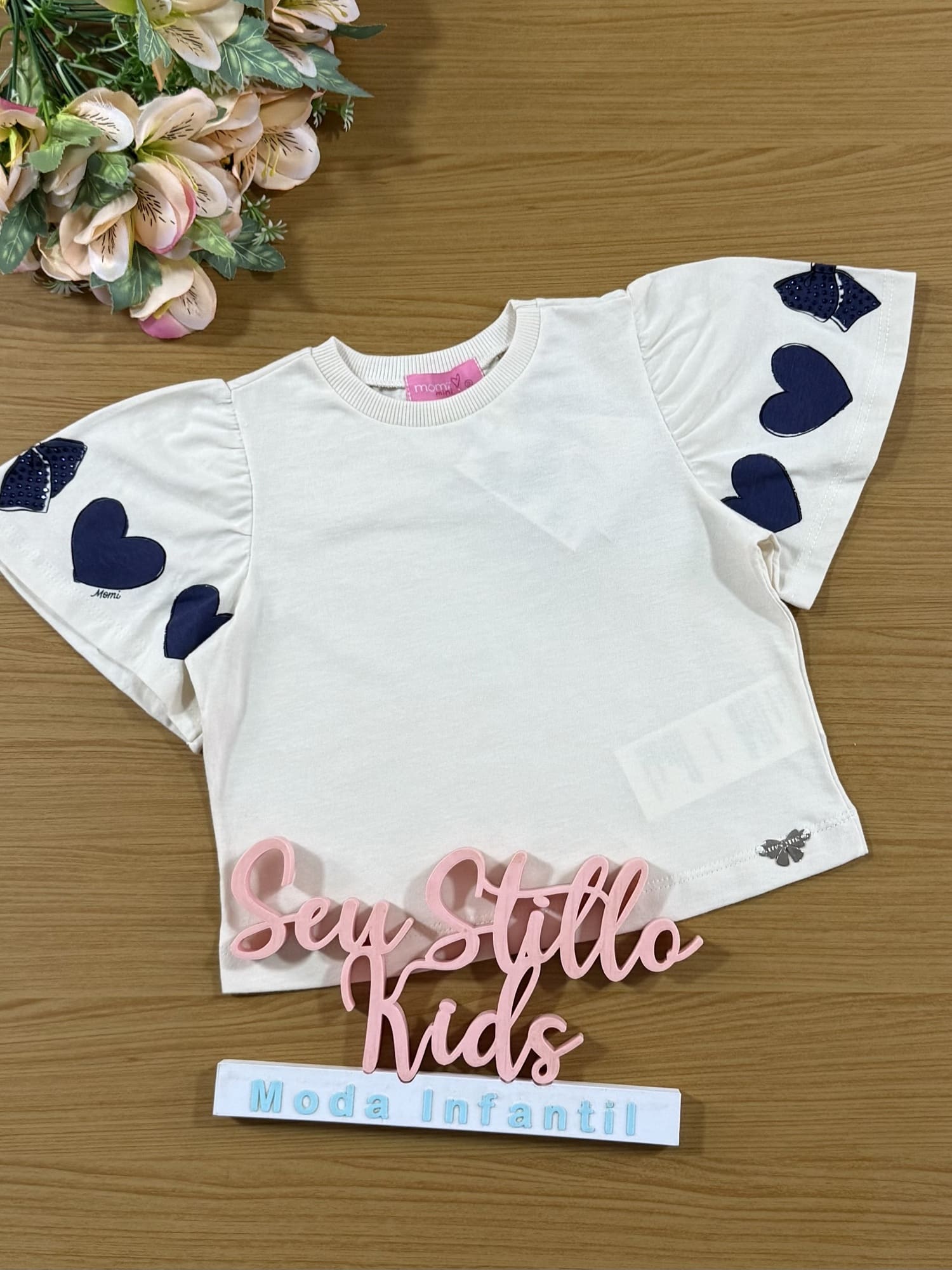 Blusa Infantil Momi Inverno Manga Curta Bege Corações Azul