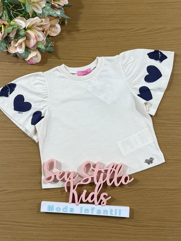 Blusa Infantil Momi Inverno Manga Curta Bege Corações Azul