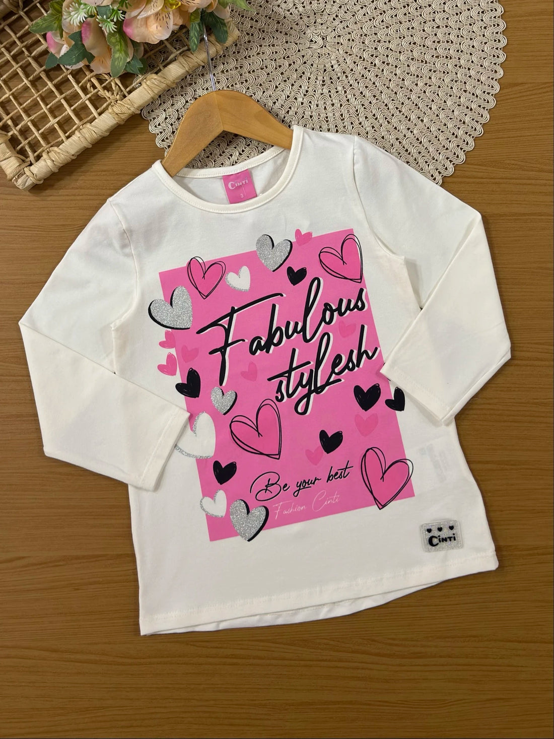 Conjunto Infantil Cinti Inverno com Calça Legging Rosa e Blusa Manga Longa Corações