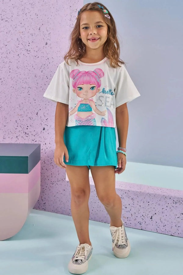 Conjunto Infantil Kukiê Verão com Shorts Saia Azul e Blusa Branca Sereia