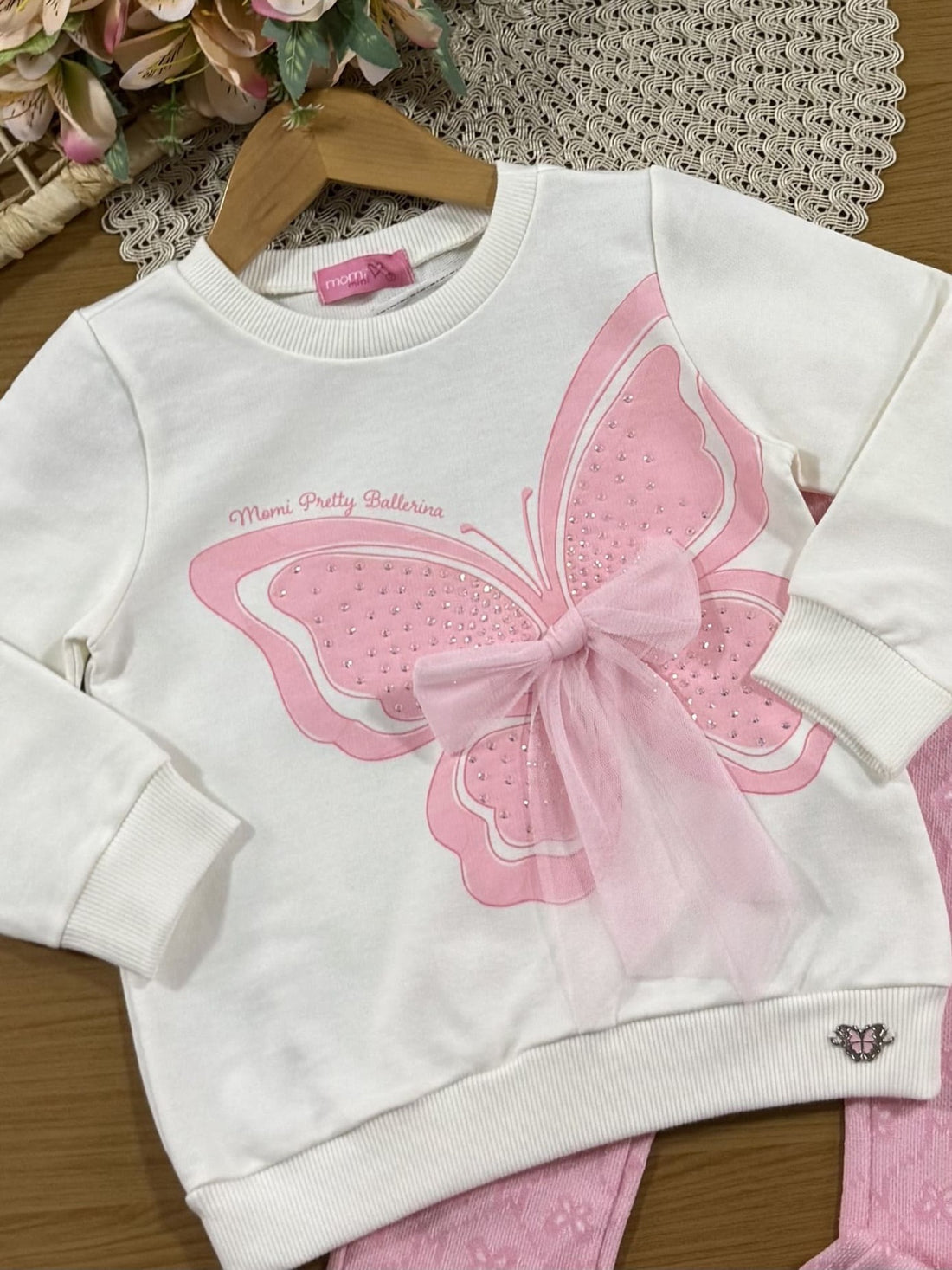 Conjunto Infantil Momi Inverno com Calça Rosa e Casaco Branco Borboleta com Strass