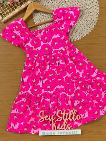 Vestido Infantil Momi com Flores Rosa Neon