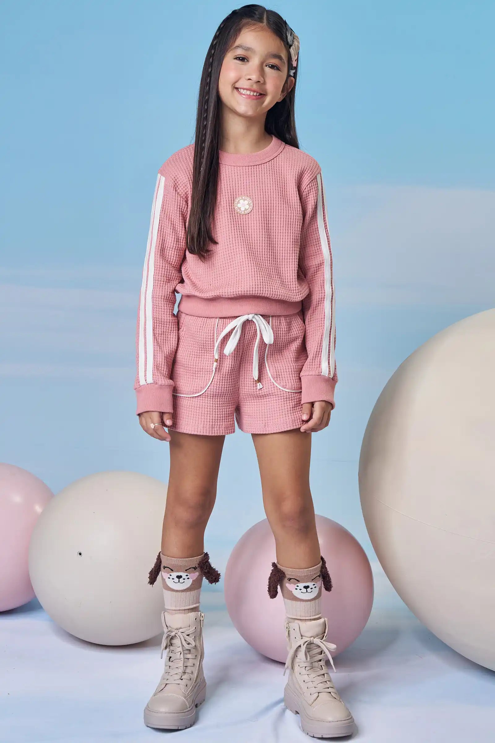 Conjunto Infantil Kukiê Inverno com Shorts e Moletom Rosa Flor