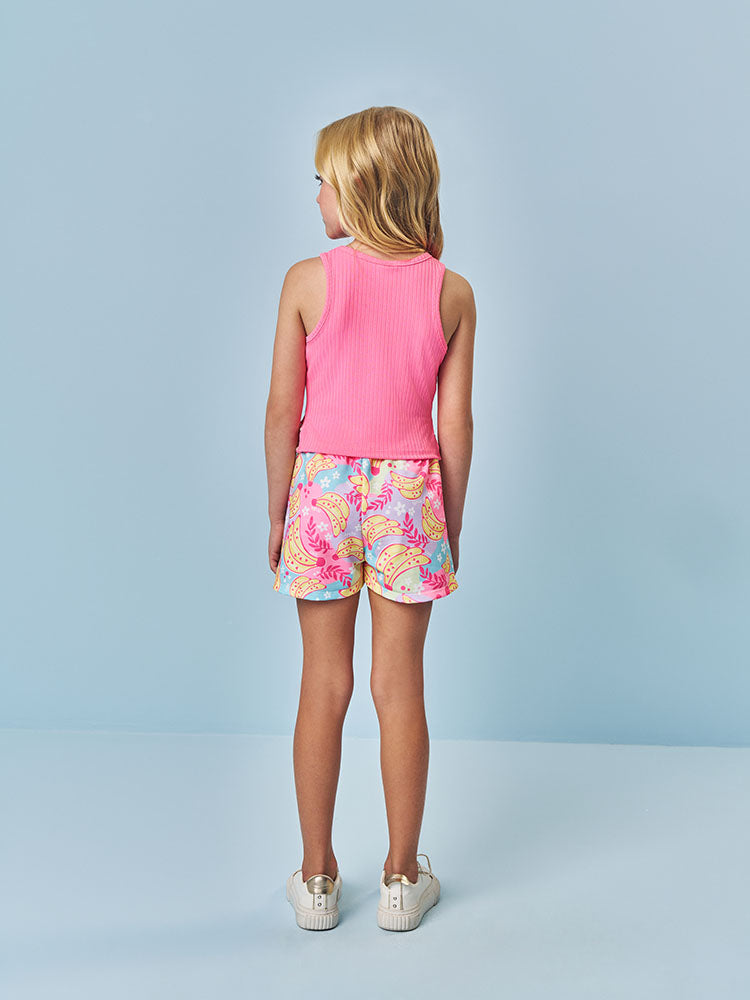 Conjunto Infantil Cinti Verão com Shorts Estampado Colorido e Regata Rosa
