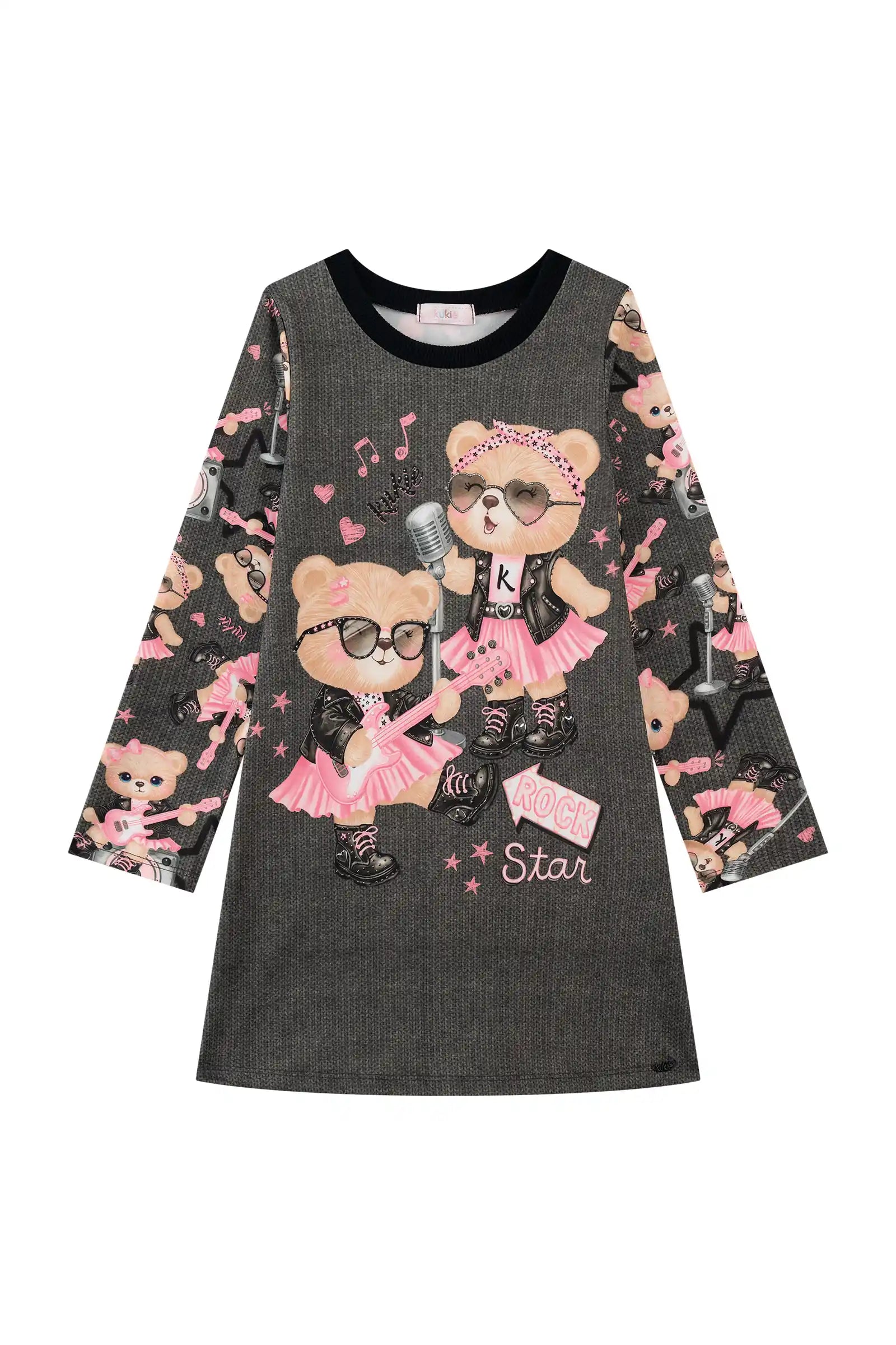 Vestido Infantil Kukiê Inverno Térmico Cinza Ursinha Roqueira