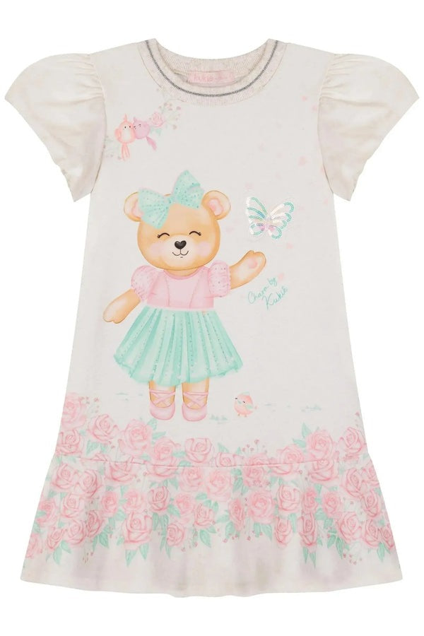Vestido Infantil Kukiê Verão Verde Ursinha no Jardim