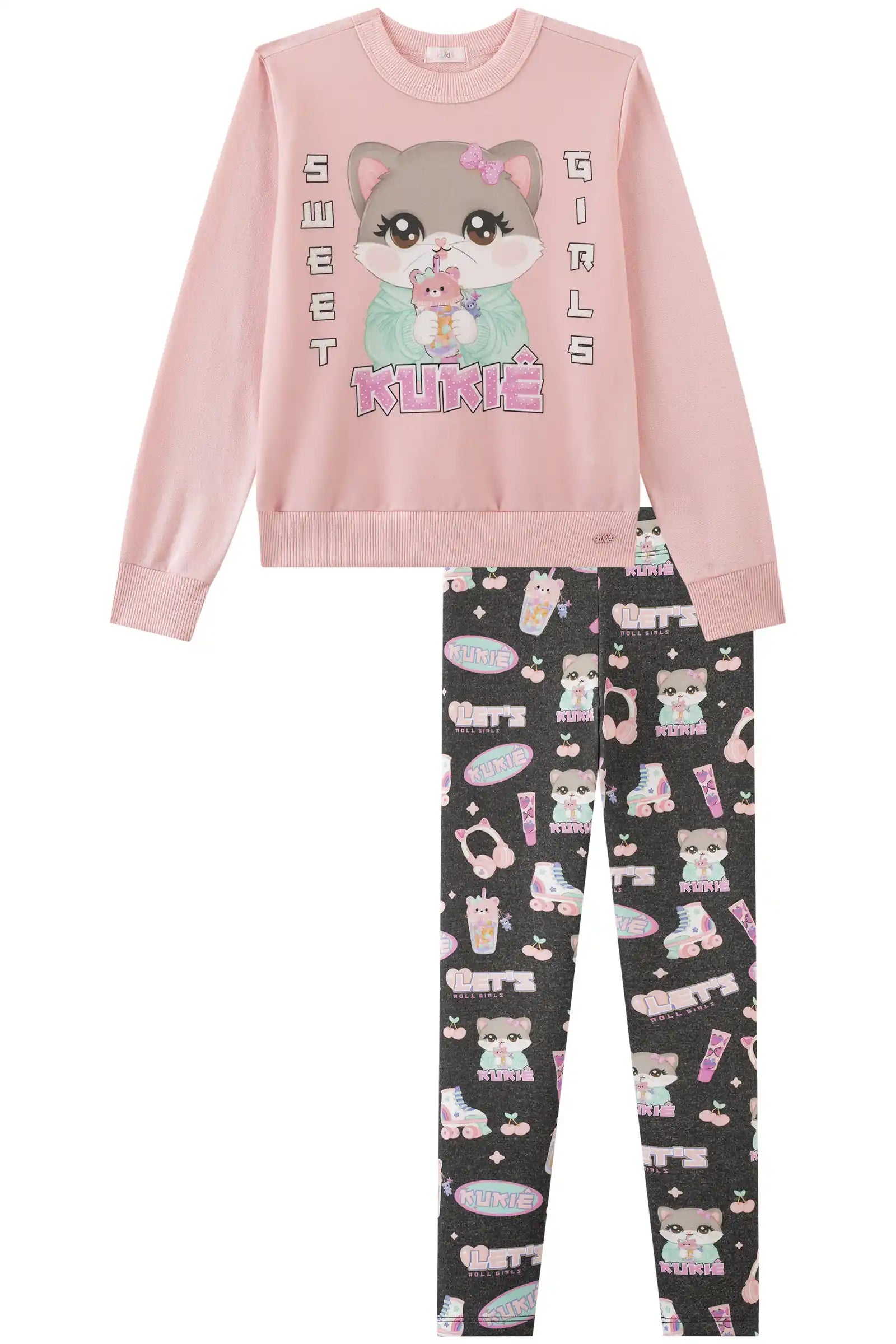 Conjunto Infantil Kukiê Inverno com Calça Legging e Moletom Sem Flanela Rosa Gatinha