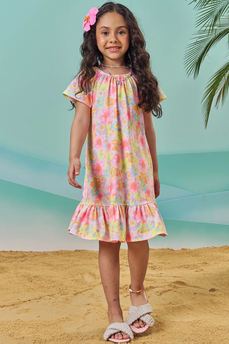 Vestido Infantil Kukiê Verão Rosa Flores Coloridas