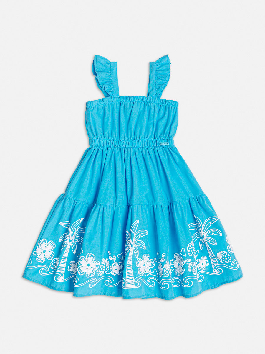 Vestido Infantil Momi Verão Azul Coqueiros Alto Relevo