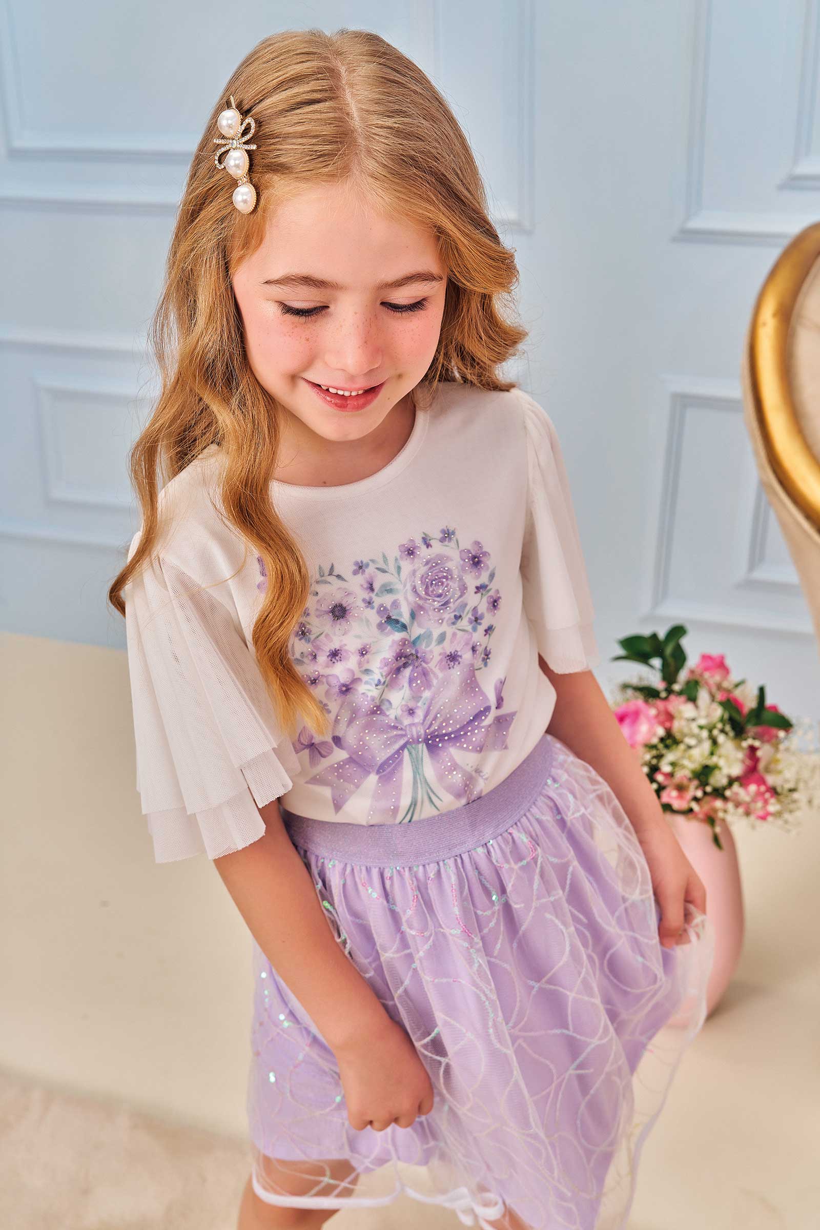 Conjunto Infantil Kukie Verão Saia Tule Lilás e Blusa Tule Laço