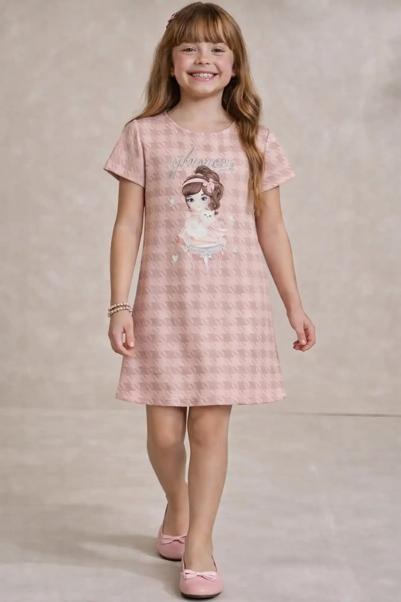 Vestido Infantil Kukie Pied-de-Poule Rosa