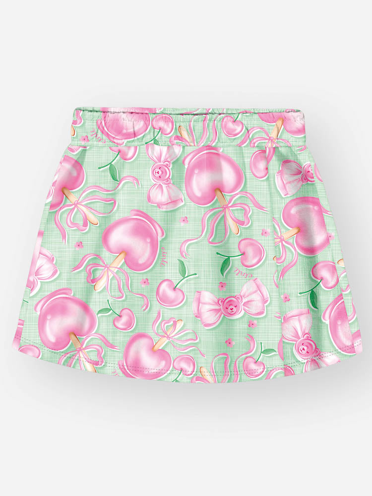 Conjunto Infantil Cinti Verão com Shorts Saia Verde e Blusa Branca Ursinha Docinho