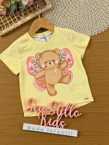 Blusa Infantil Menina Kukiê Amarela Ursinha Borboleta