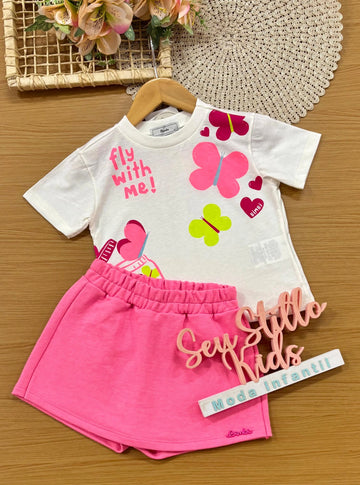 Conjunto Infantil Menina Bimbi com Shorts Saia Rosa e Blusa Borboletinhas