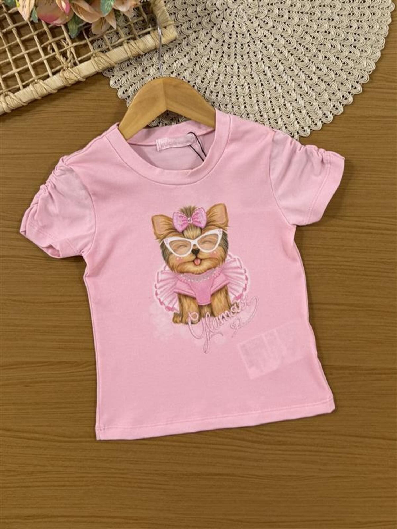 Conjunto Infantil Kukiê Verão com Saia Branca e Blusa Rosa Cachorrinha