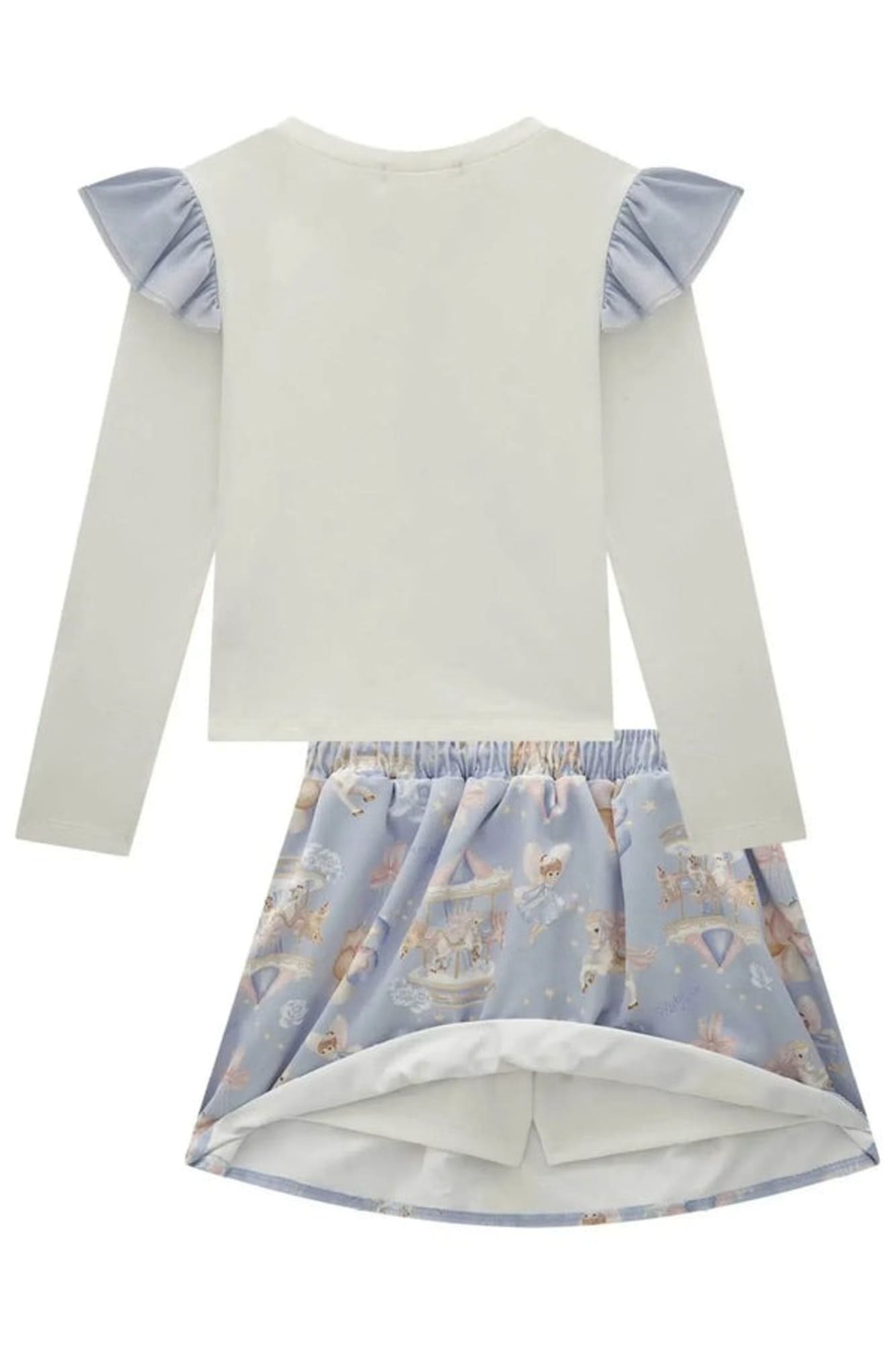Conjunto Infantil Kukiê Inverno com Saia Azul e Blusa Manga Longa Branca Cavalinho
