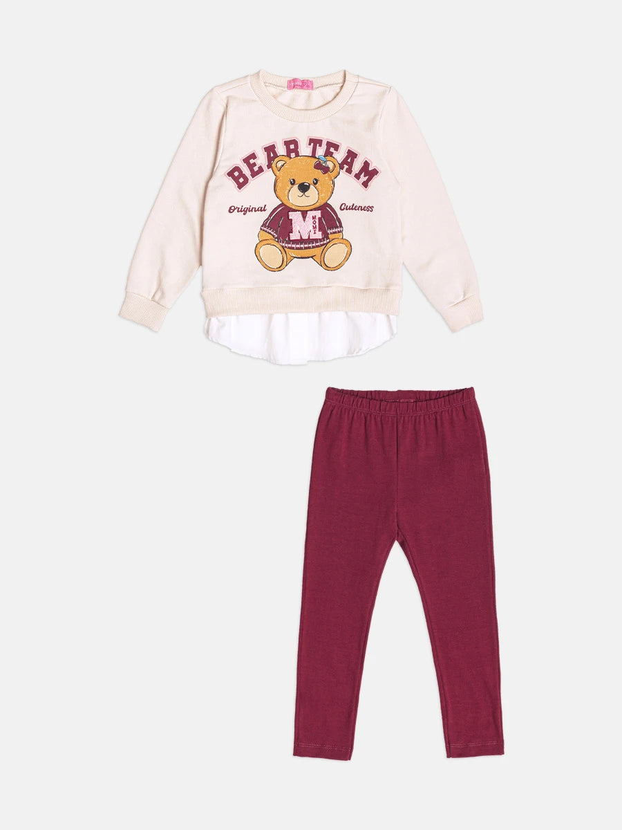 Conjunto Infantil Momi Inverno com Calça Legging Vinho e Moletom sem Flanela Bear Team