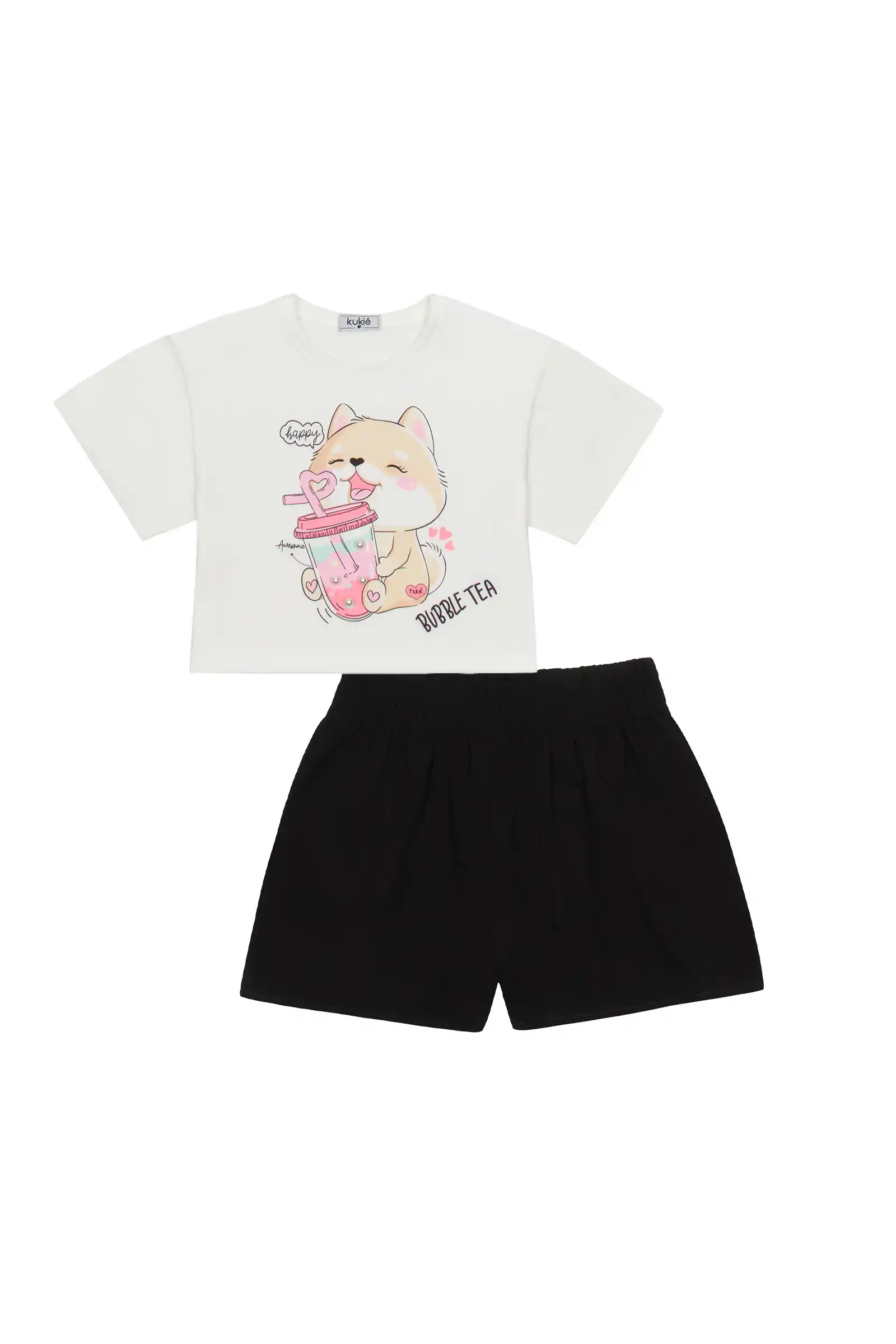 Conjunto Infantil Kukiê com Shorts Preto e Blusa Manga Curta Gatinho