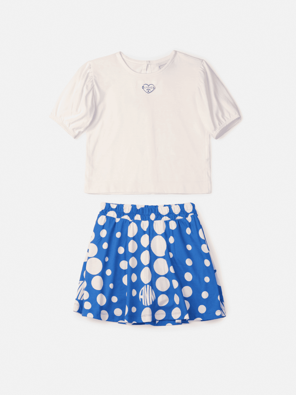 Conjunto Infantil Animê Verão Saia Azul Poá e Blusa