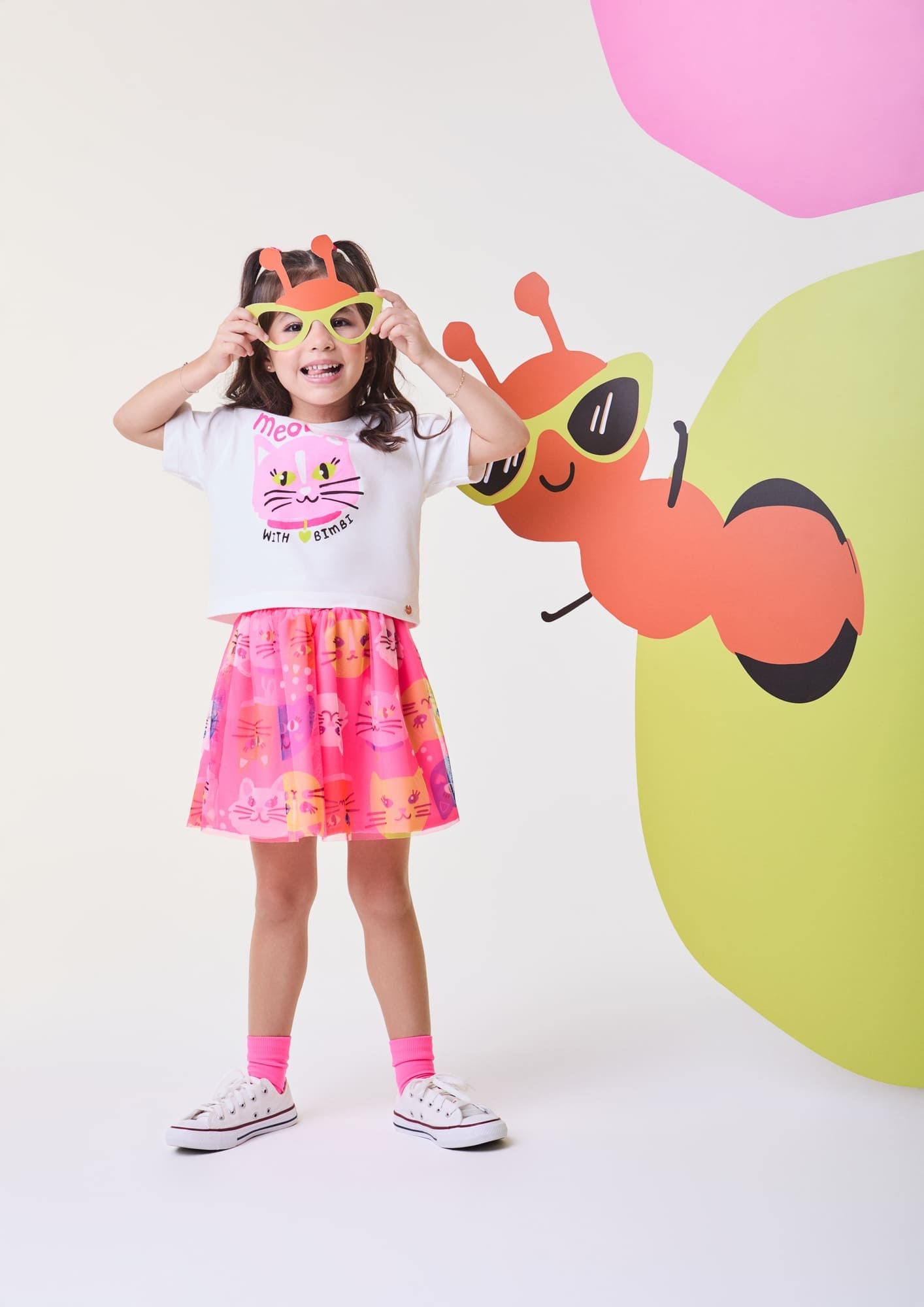 Conjunto Infantil Bimbi Verão com Saia Rosa e Blusa Branca Gatinha