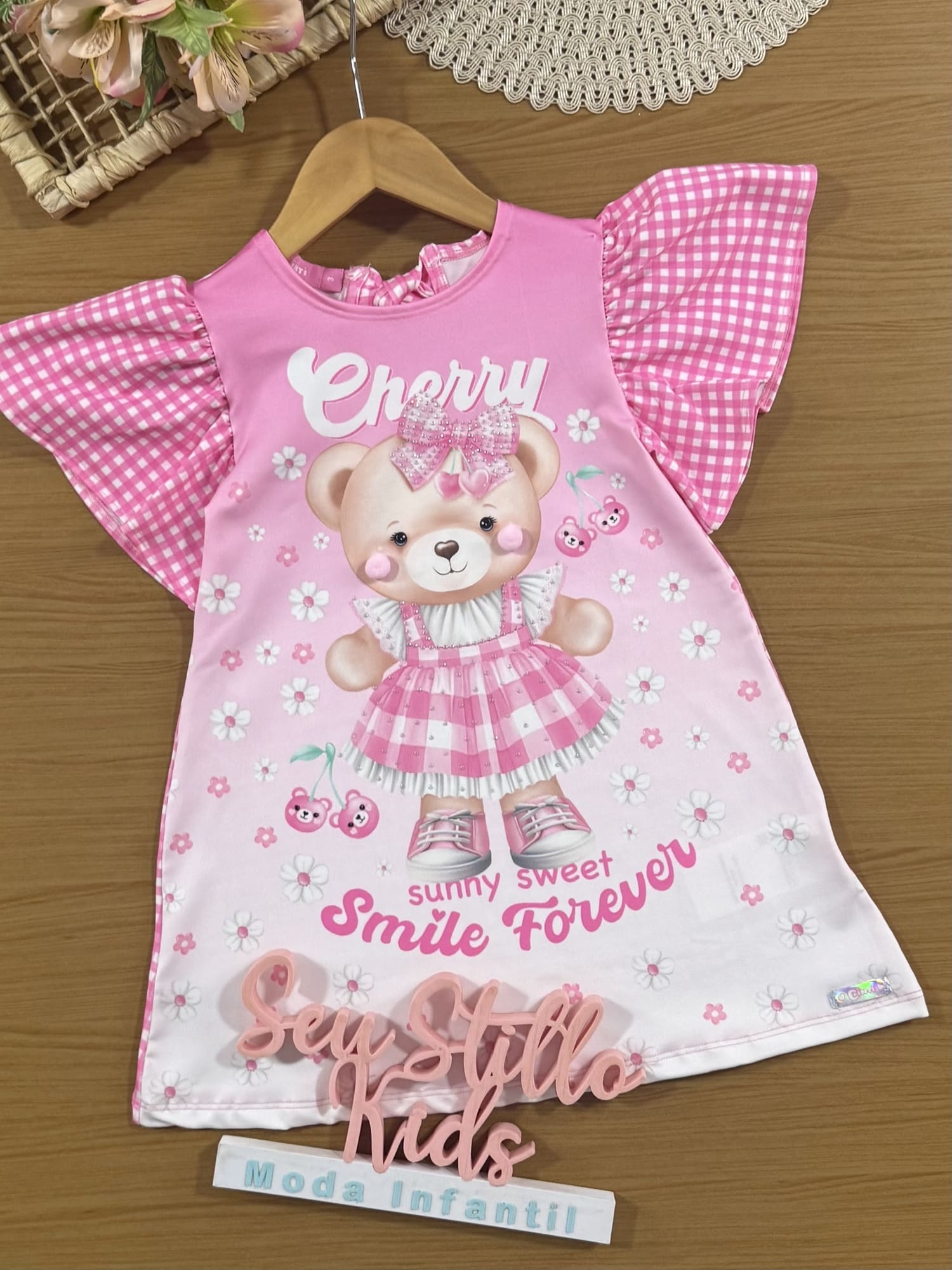 Vestido Infantil Cinti Verão Manga Curta Rosa Xadrez Ursinha Floral