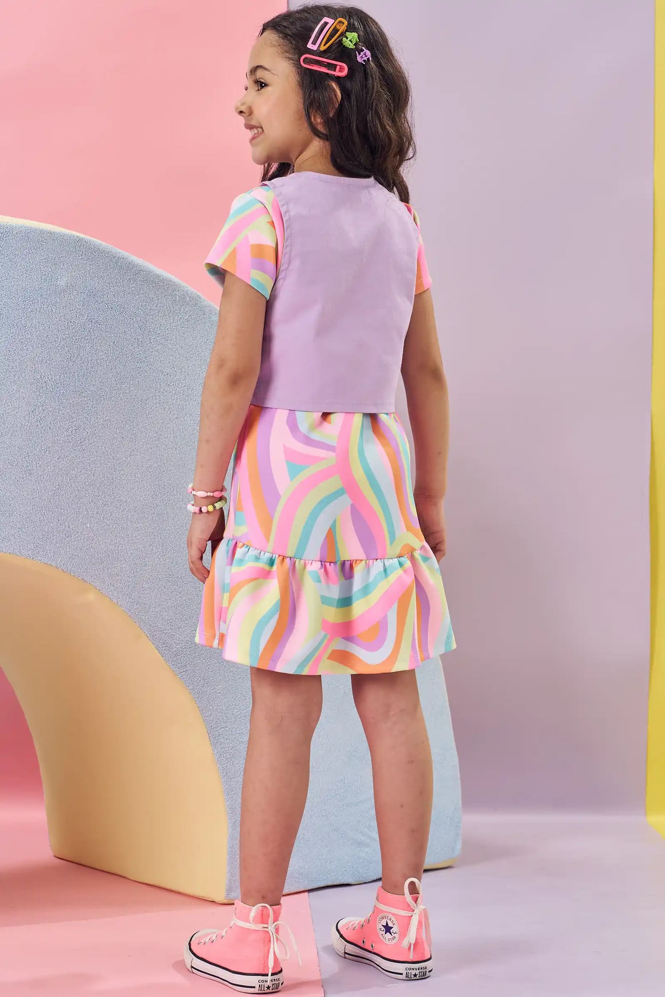 Vestido Infantil Kukiê Verão Colorido com Colete Lilás