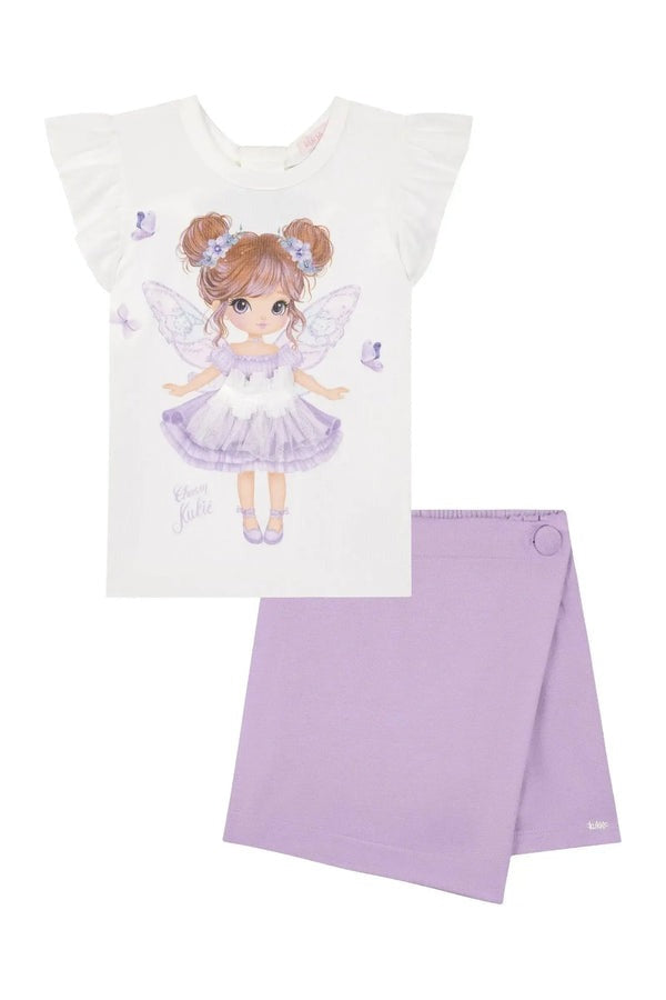 Conjunto Infantil Kukiê Verão com Shorts Saia Lilás e Blusa Branca Fadinha