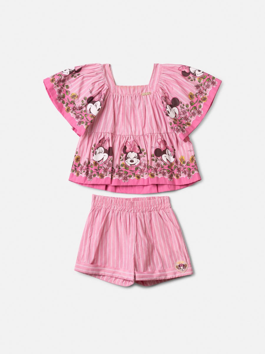 Conjunto Infantil Menina Animê com Shorts e Blusa Listrada Rosa Minnie Florista Disney