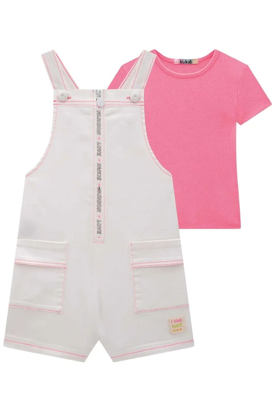 Jardineira Infantil Kukie Verão Rosa com Blusa