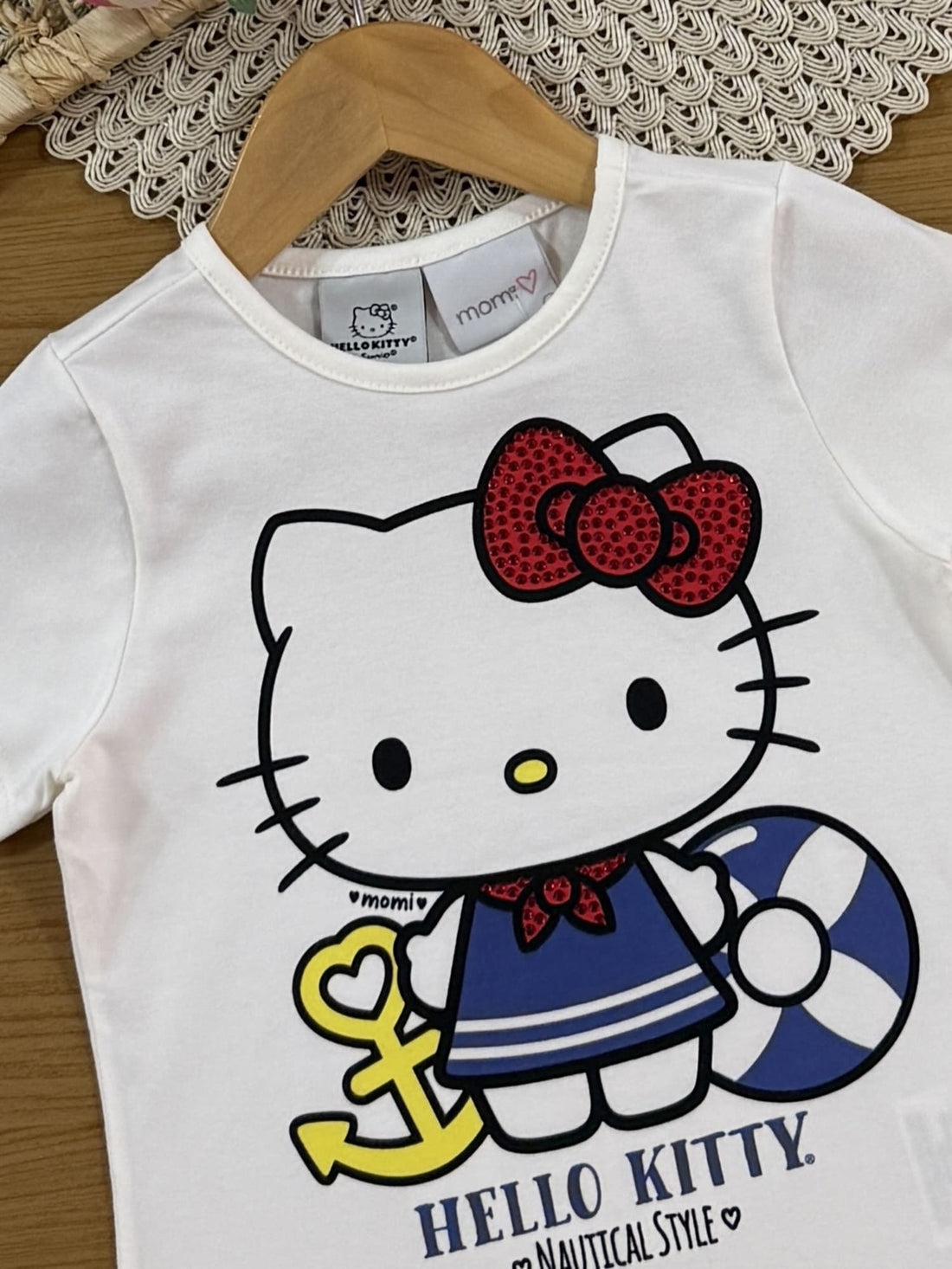 Blusa Infantil Momi Verão Branca Hello Kitty Estilo Náutico