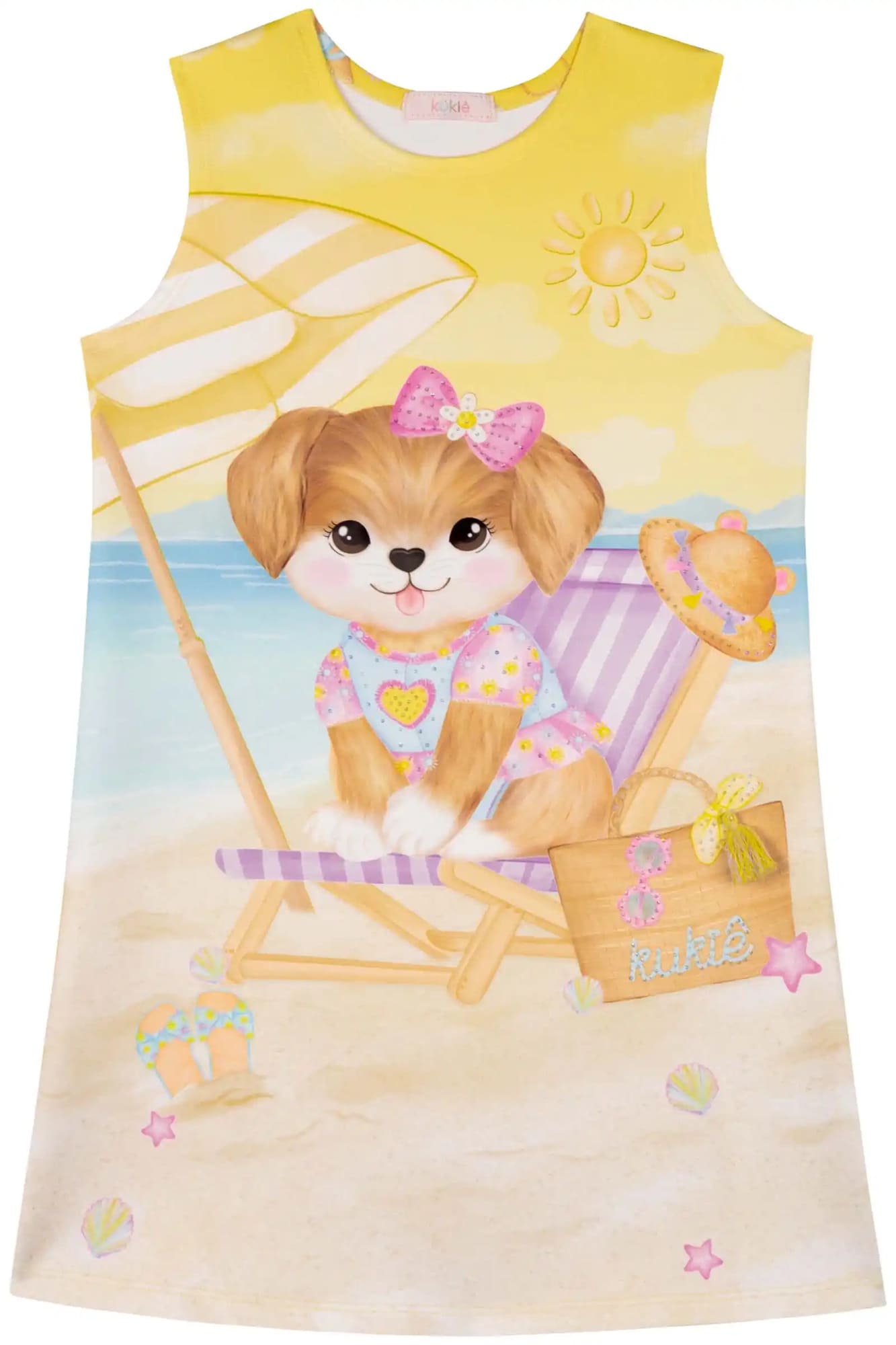 Vestido Infantil Kukiê Verão Amarelo Cachorrinha na Praia