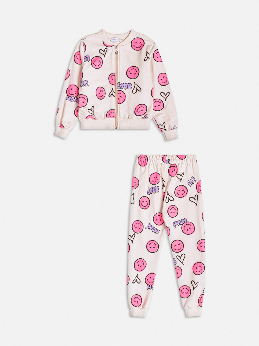 Conjunto Infantil Momi Inverno com Calça e Jaqueta Bege Emoji