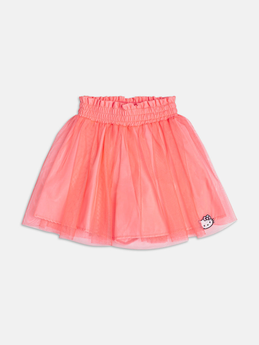 Conjunto Infantil Momi Verão com Saia Rosa em Tule e Blusa Branca Hello Kitty Unicórnio