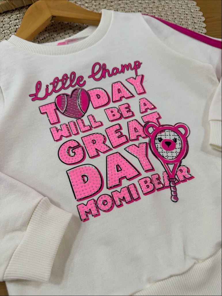 Conjunto Infantil Momi Inverno com Calça Legging Rosa e Moletom sem Flanela Little Champ
