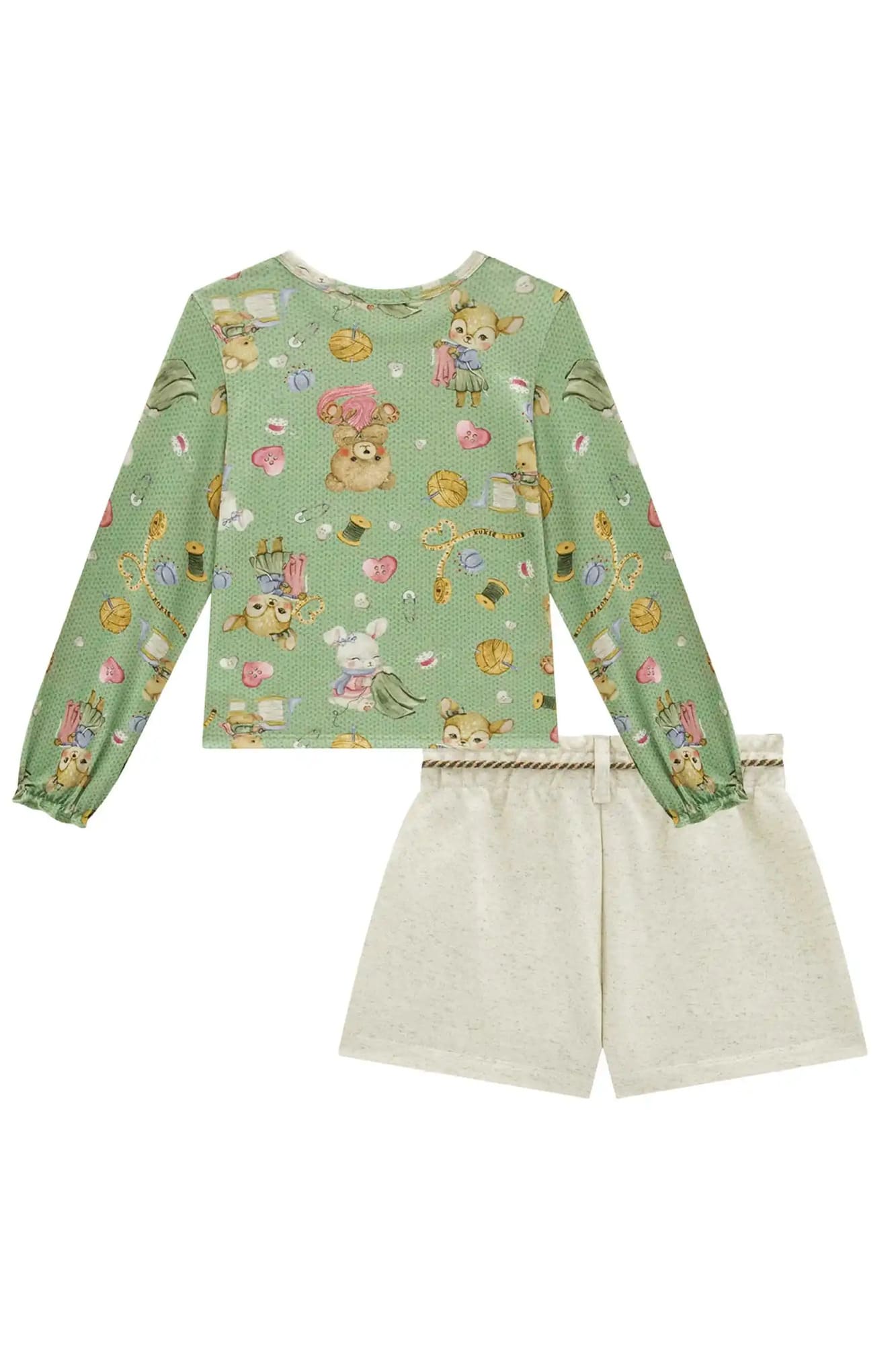 Conjunto Infantil Kukiê Alecrim Inverno com Shorts Off White e Blusa Verde Animais