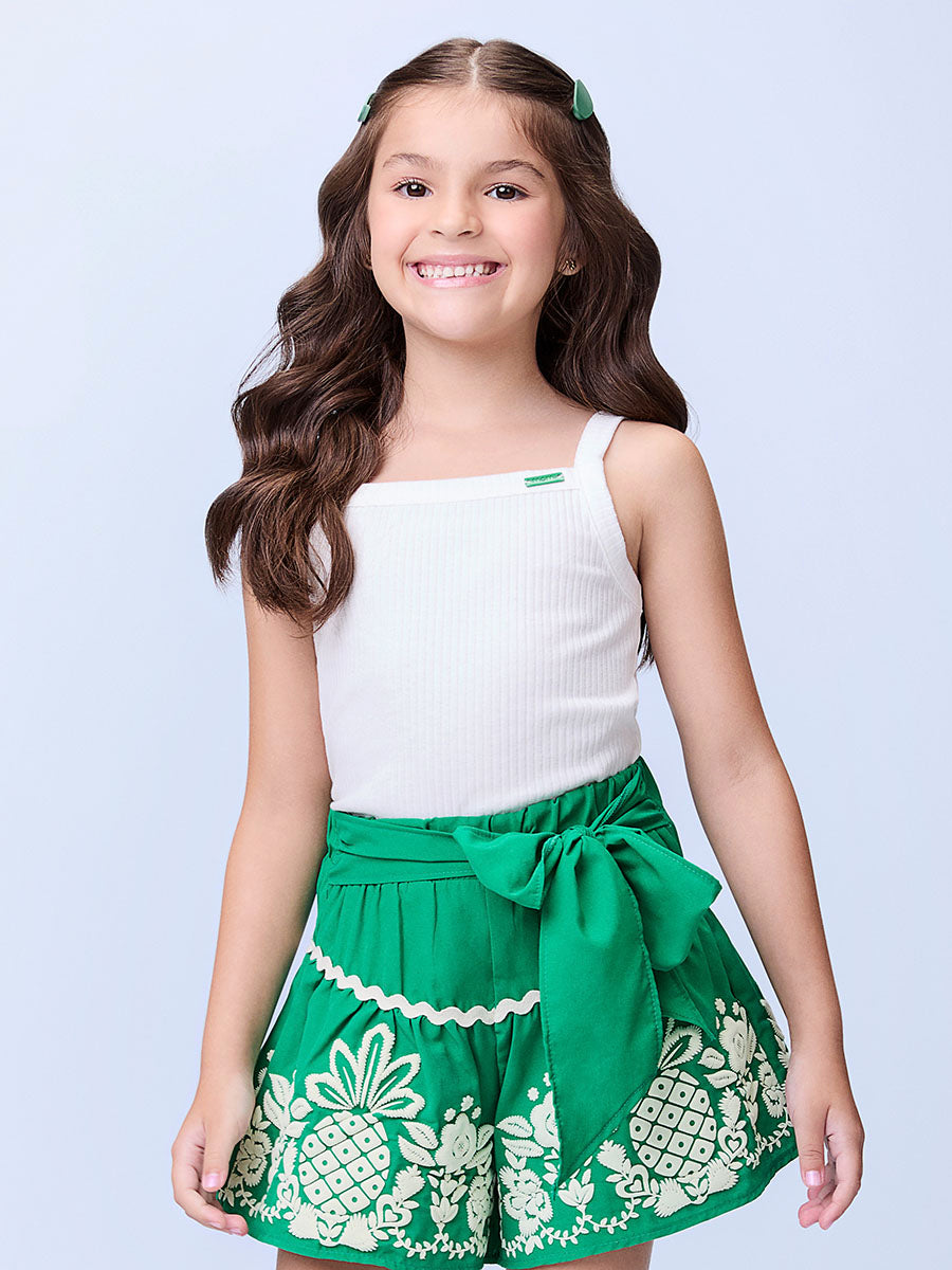 Conjunto Infantil Momi Verão Shorts Verde e Blusa Canelada Off White