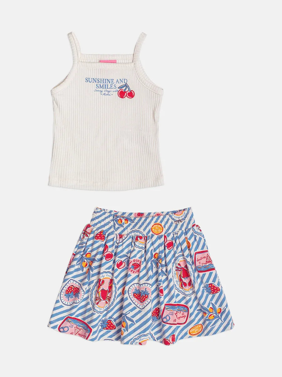 Conjunto Infantil Menina Momi Saia Listrada Azul e Blusa Cerejinha