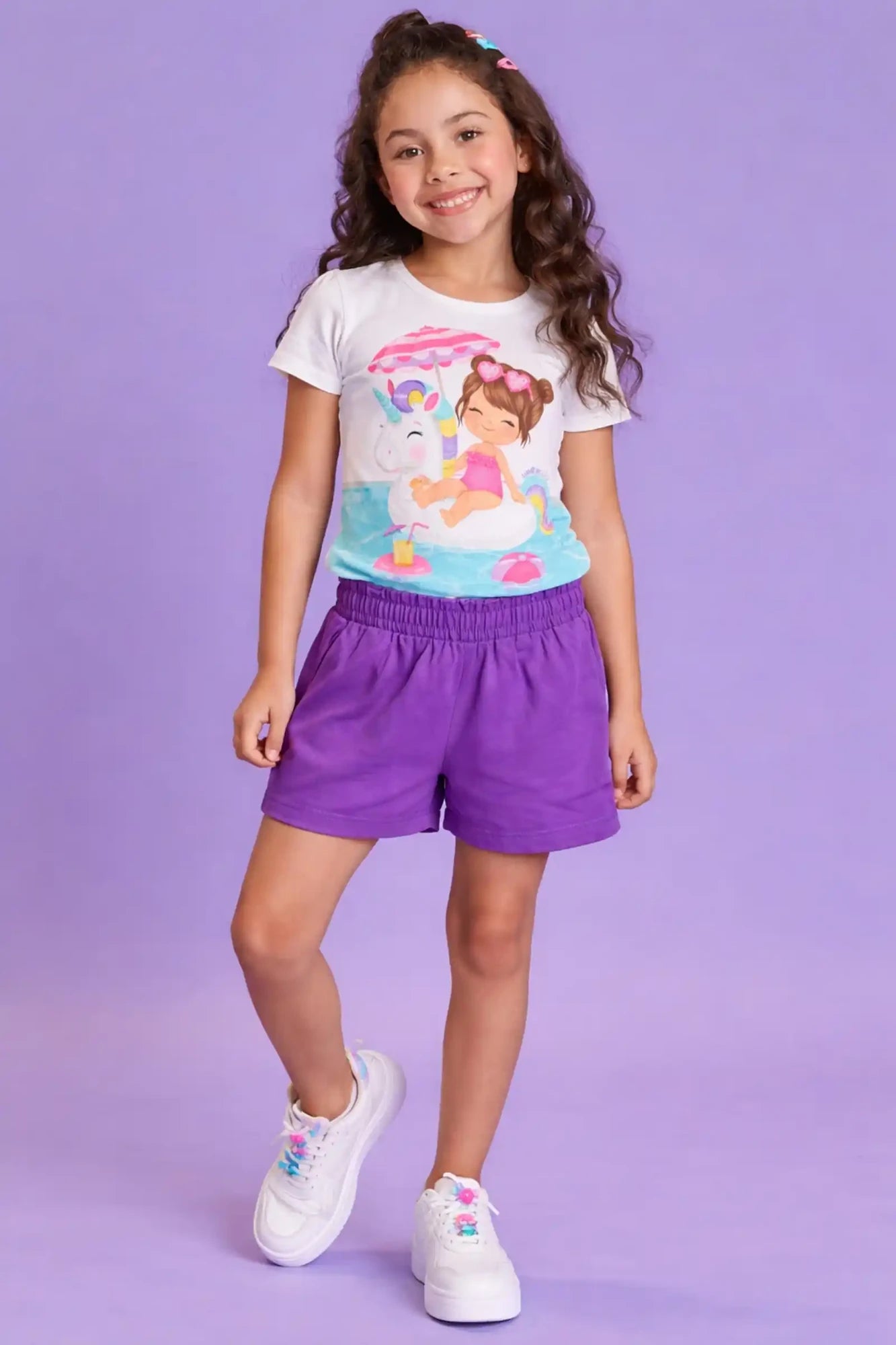 Conjunto Infantil Kukiê com Shorts Roxo e Blusa Hora da Piscina