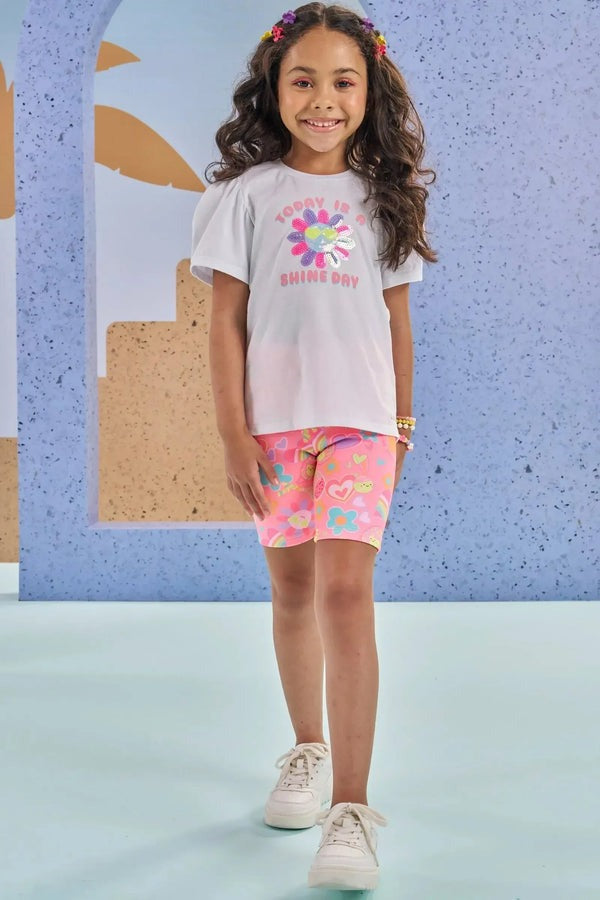 Conjunto Infantil Kukiê Verão com Shorts Ciclista Rosa e Blusa Branca Flozinha