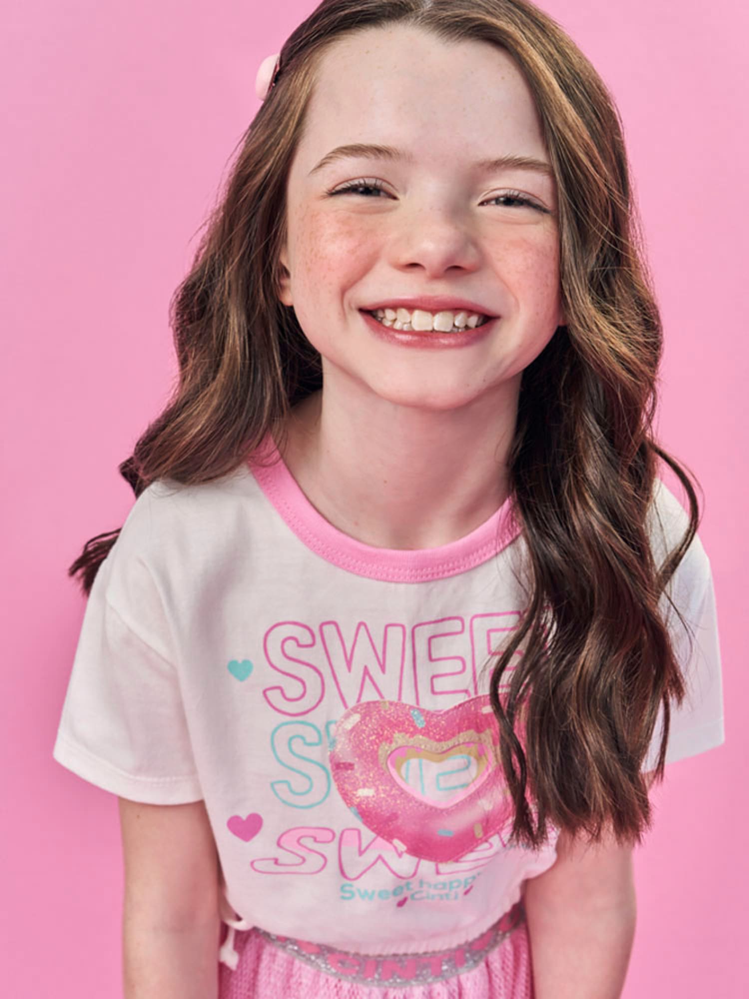 Conjunto Infantil Cinti Verão com Saia Rosa em Tela e Blusa Branca Rosquinha