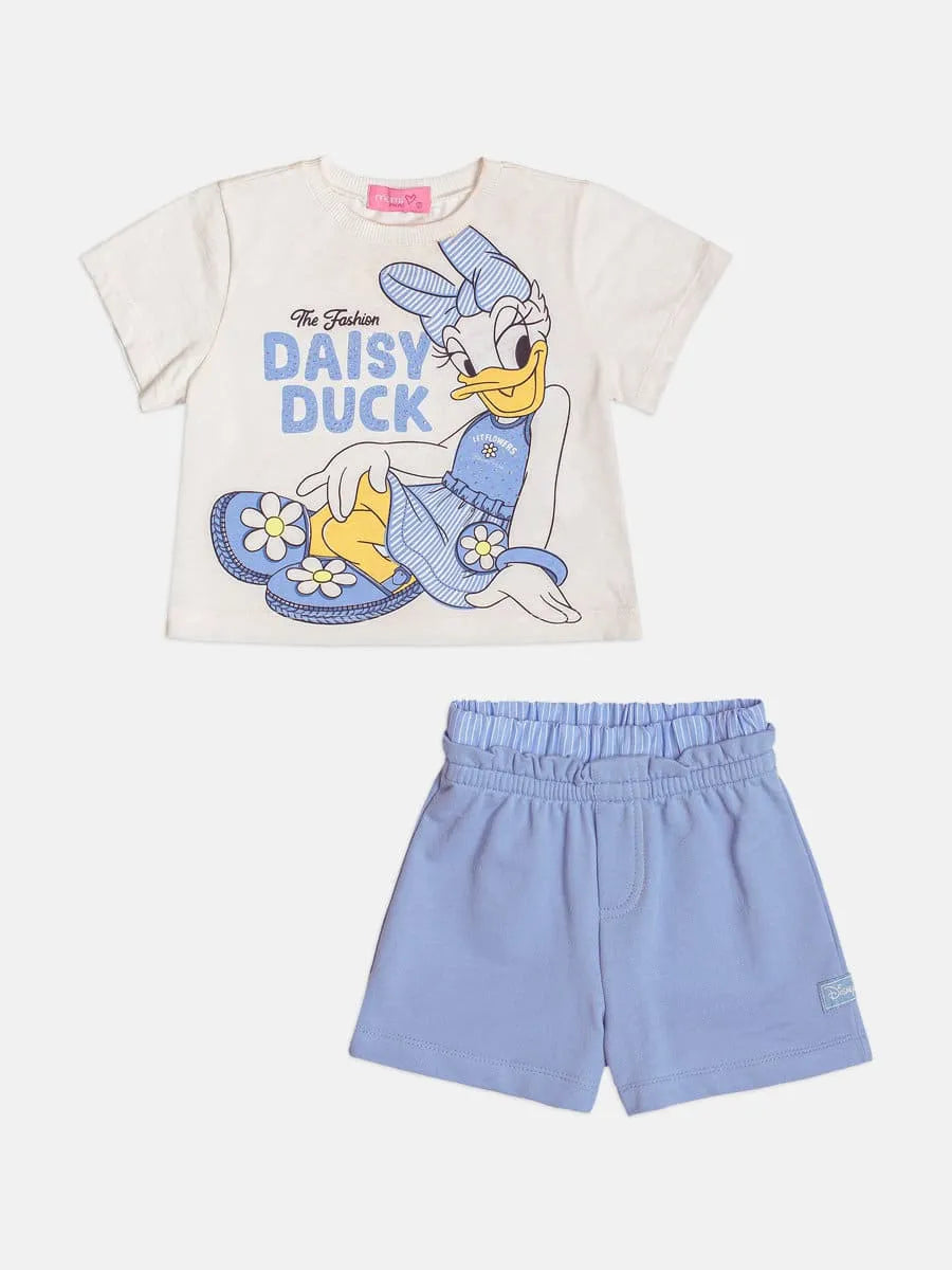 Conjunto Infantil Menina Momi com Shorts Azul e Blusa Branca Daisy Duck Strass Disney