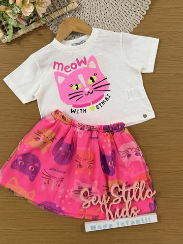 Conjunto Infantil Bimbi Verão com Saia Rosa e Blusa Branca Gatinha