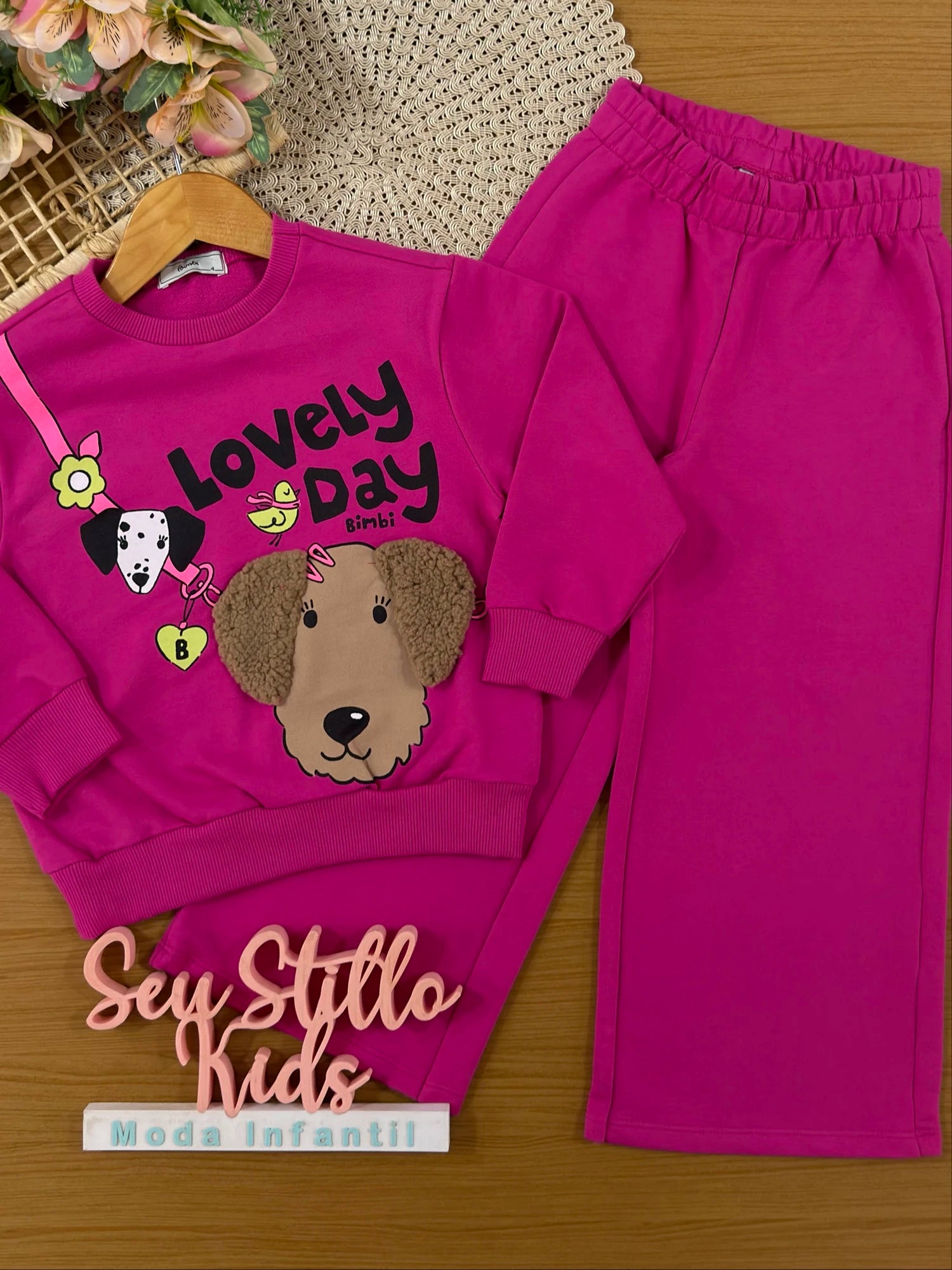 Conjunto Infantil Bimbi Inverno com Calça e Moletom sem Flanela Rosa Cachorro Lovely