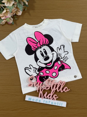 Blusa Infantil Animê Manga Curta Branca Minnie e Mickey Mouse Disney